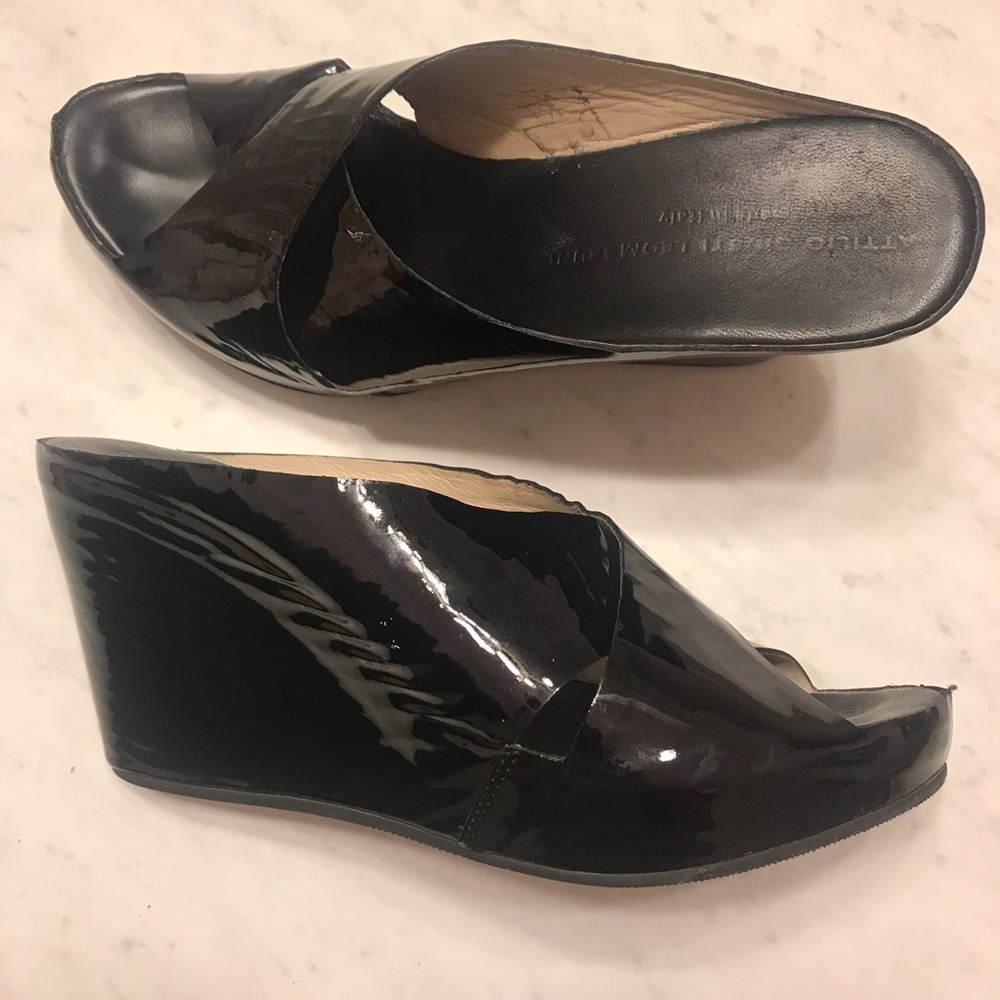 Black patent Italian leather wedges